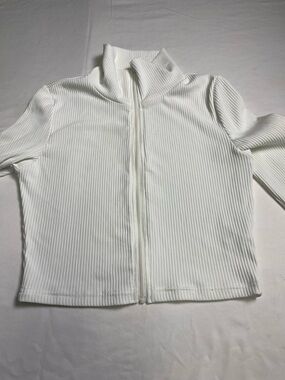 Lucky Label Ribbed Zip Up Jacket White Thumb Hole Stretch Top